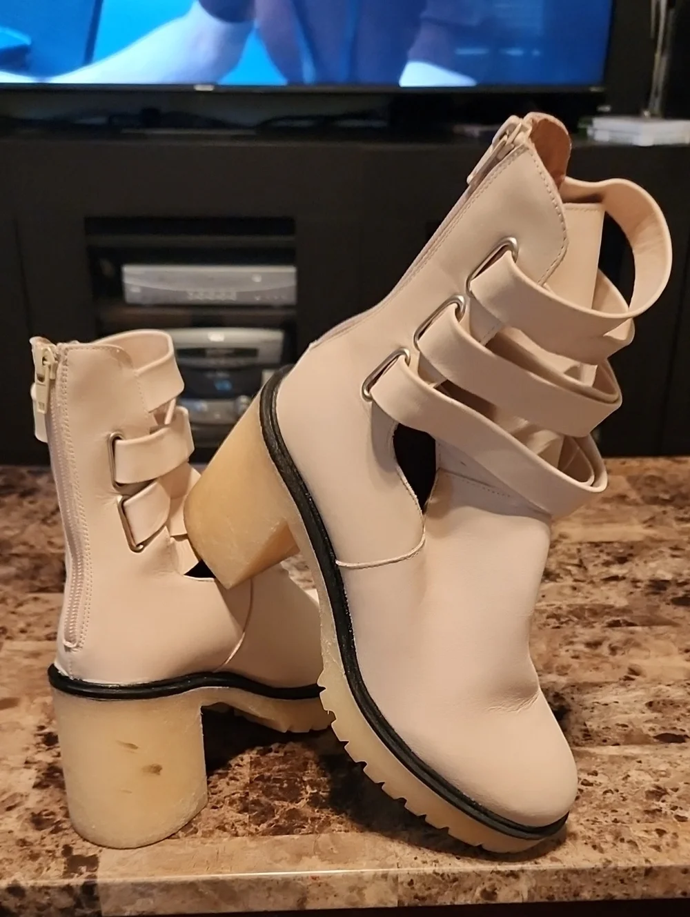 Free People Women's Cream Strappy Cutout Block Heel Booties
